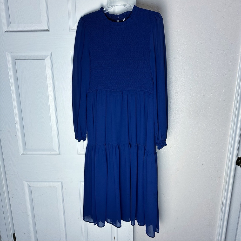 Smocked Tiered Long Sleeve Sheer Overlay Midi Dress XL Modest Cottagecore Blue - Picture 2 of 5